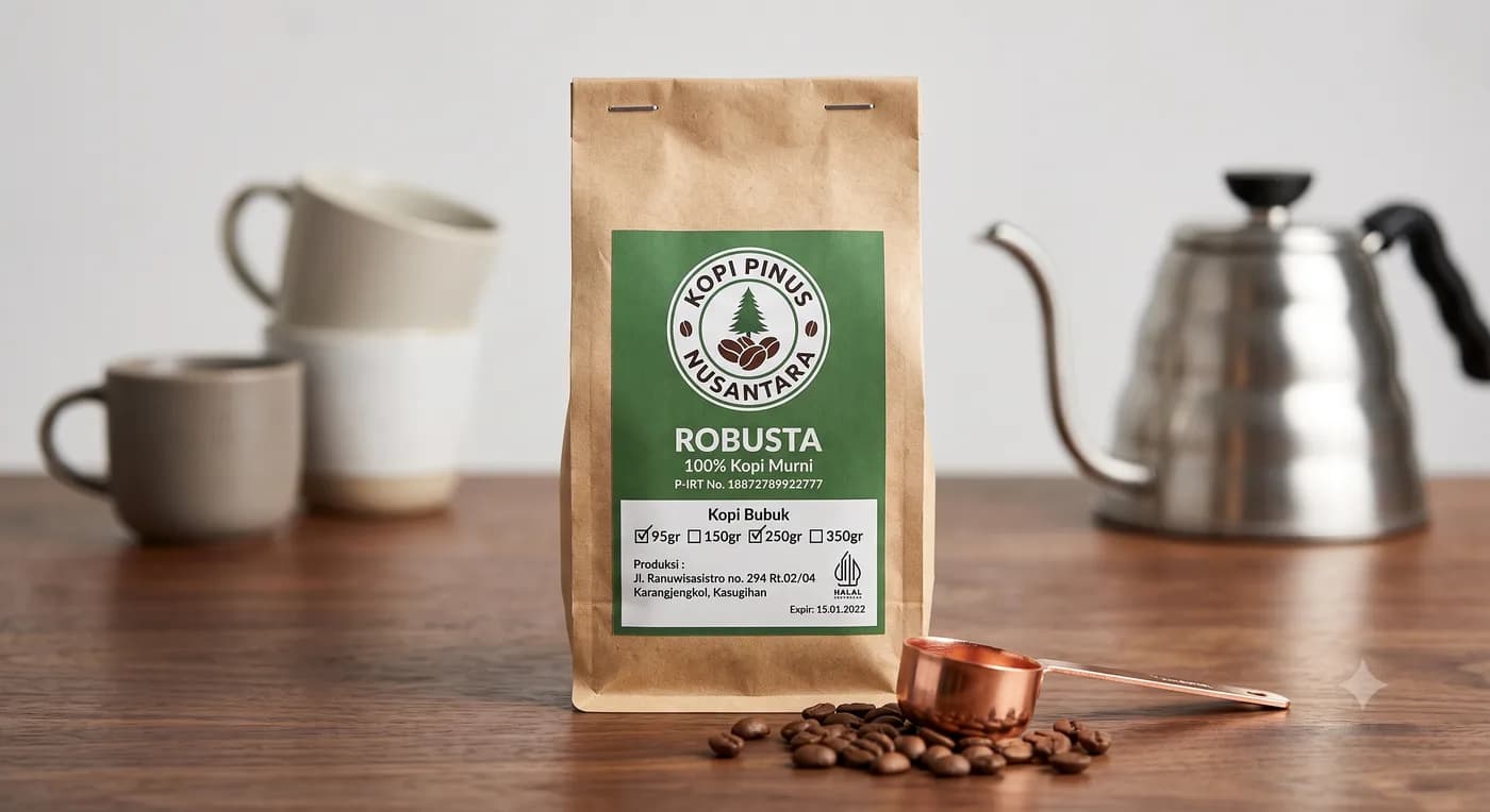 Kemasan Kopi Pinus bersama gooseneck kettle dan biji kopi di meja kayu