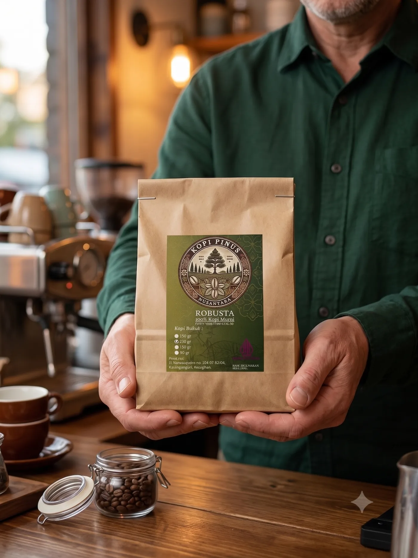 Barista Kopi Pinus memegang kemasan kopi