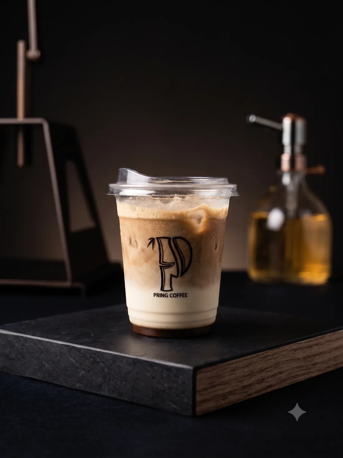 Segelas ice coffee Kopi Pinus dengan botol sirup